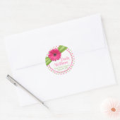 Roze Daisy Groen Wit Polka Dots Eerste Communie Ronde Sticker (Envelop)
