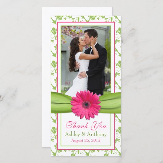 Roze Daisy Groene Bloemen Ribbon bruiloft Dank u Bedankkaart (Voorkant / Achterkant)