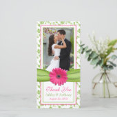 Roze Daisy Groene Bloemen Ribbon bruiloft Dank u Bedankkaart (Staand voorkant)