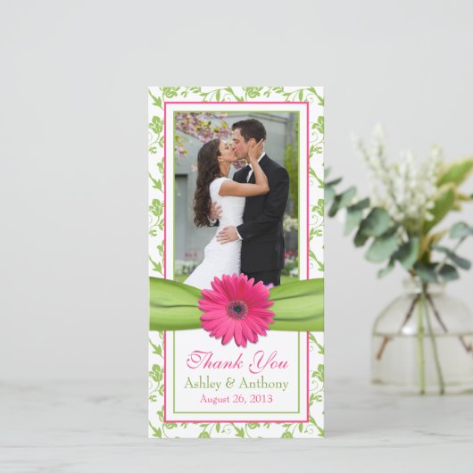 Roze Daisy Groene Bloemen Ribbon bruiloft Dank u Bedankkaart (Staand voorkant)
