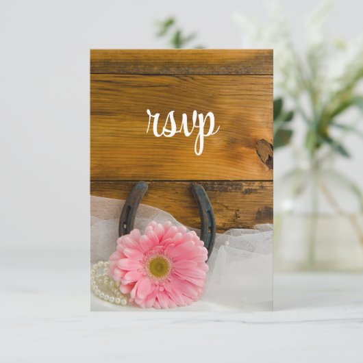 Roze Daisy Hoefijzer Land Western huwelijk RSVP (Staand voorkant)