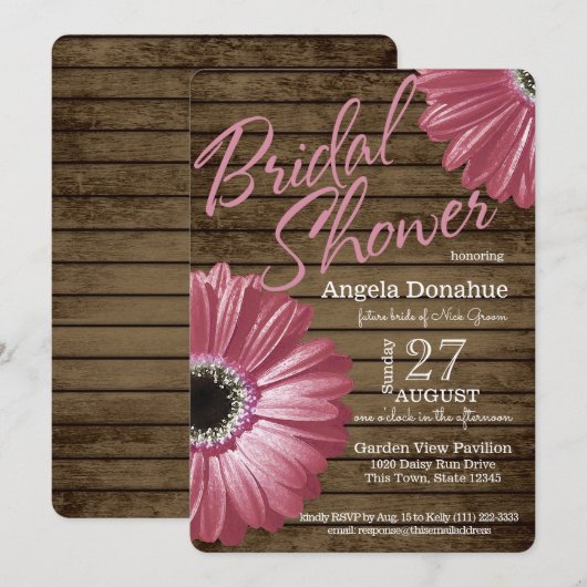 Roze Daisy Houten Bruidsbad Kaart (Voorkant / Achterkant)