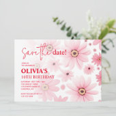Roze Daisy Kind is jarig Save The Date (Staand voorkant)