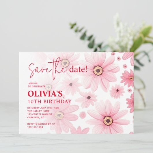 Roze Daisy Kind is jarig Save The Date (Staand voorkant)