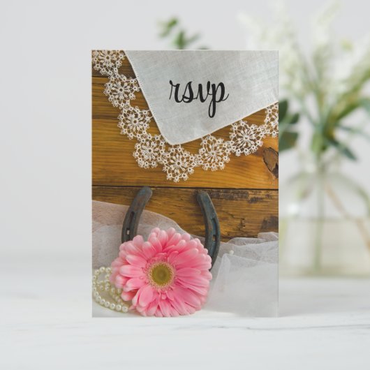 Roze Daisy Lace Country Westerne bruiloft RSVP Kaa (Staand voorkant)