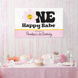 Roze Daisy One Happy Babe Eerste Verjaardag Banner