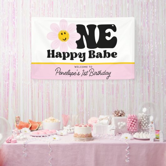 Roze Daisy One Happy Babe Eerste Verjaardag Banner (Feest)