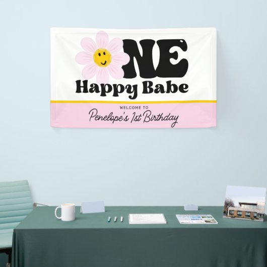 Roze Daisy One Happy Baby First Birthday Banner (Beurs)