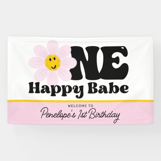 Roze Daisy One Happy Baby First Birthday Banner (Horizontaal)