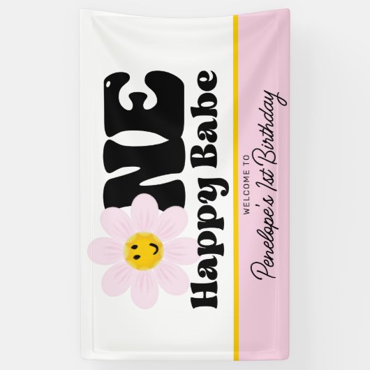 Roze Daisy One Happy Baby First Birthday Banner (Verticaal)