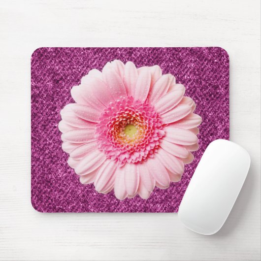 Roze Daisy op de Paarse Denim Boho Mousepad Muismat (Met muis)