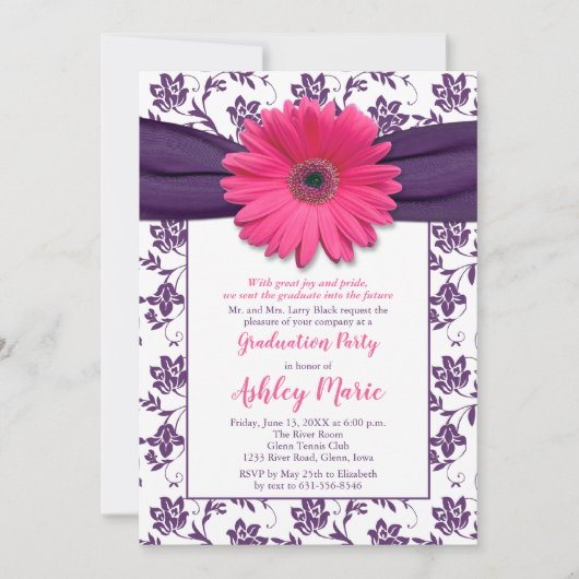 Roze Daisy Paars Damask Afstuderen Invitation Kaart (Voorkant)