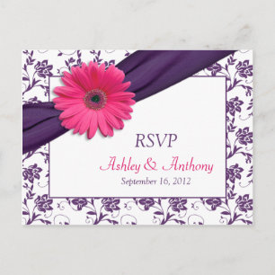 Roze Daisy Paarse Damask Wedding RSVP Briefkaart