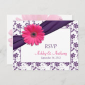 Roze Daisy Paarse Damask Wedding RSVP Briefkaart (Voorkant / Achterkant)