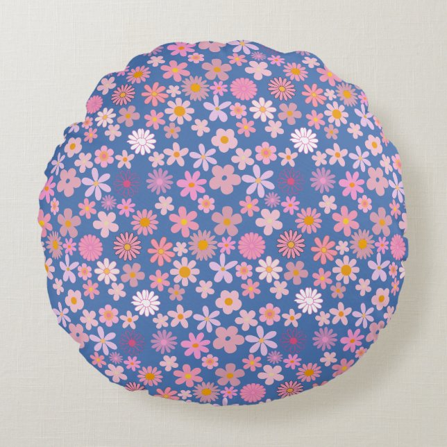 Roze Daisy Patroon 01.bw LBlue BG Rond Kussen (Voorkant)