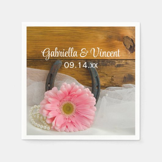 Roze Daisy, Pearls en Hoefijzer Western huwelijk Servet (Voorkant)