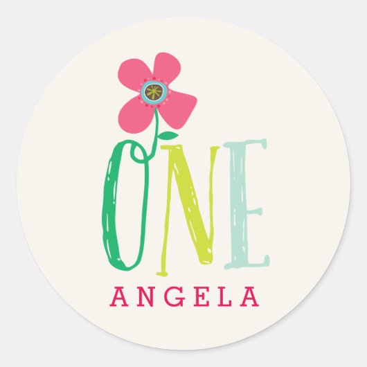 Roze Daisy Pop One Girl's 1e verjaardag Ronde Sticker (Voorkant)