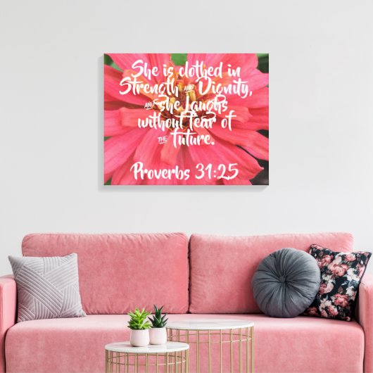 Roze Daisy Proverbs 31:25 op canvas (Insitu (Woonkamer))