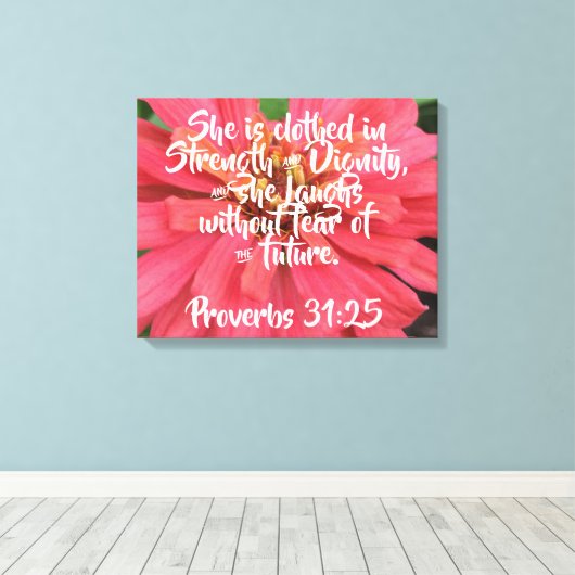 Roze Daisy Proverbs 31:25 op canvas Afdruk (Insitu (Houten vloer))