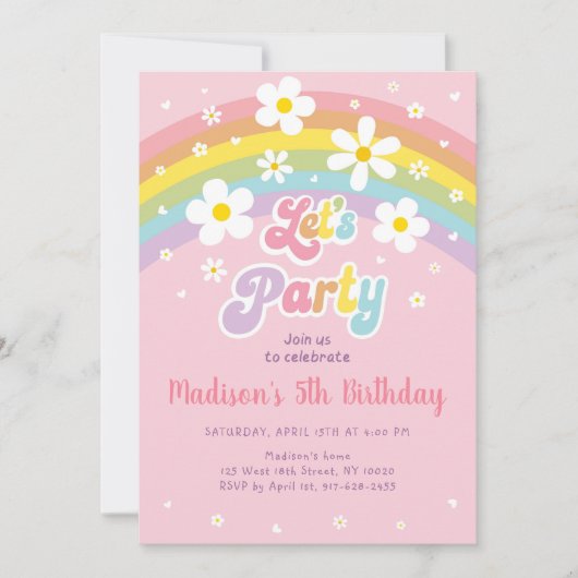 Roze Daisy Rainbow Groovy Verjaardag Kaart (Voorkant)