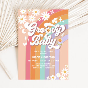 Roze Daisy Regenboog Hippie 70's Retro Baby Borrel Kaart