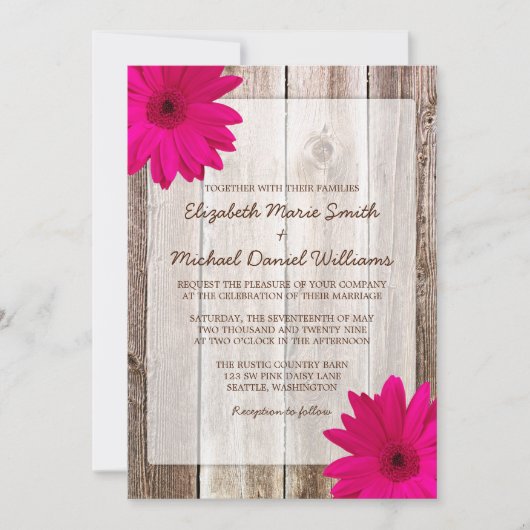 Roze Daisy Rustic Barn Wood Wedding Kaart (Voorkant)