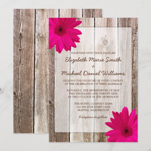 Roze Daisy Rustic Barn Wood Wedding Kaart (Voorkant / Achterkant)