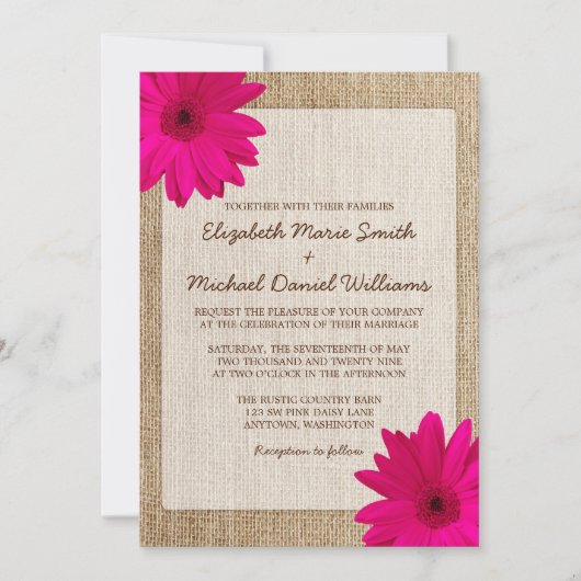 Roze Daisy Rustic Burlap Wedding Kaart (Voorkant)