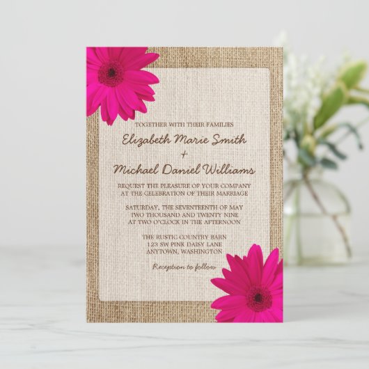 Roze Daisy Rustic Burlap Wedding Kaart (Staand voorkant)