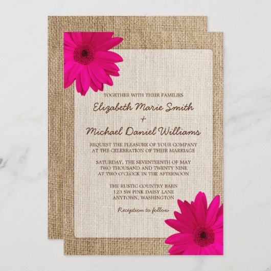 Roze Daisy Rustic Burlap Wedding Kaart (Voorkant / Achterkant)