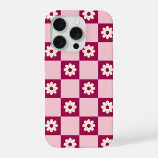 Roze Daisy Schachbrettpatroon iPhone 15 Pro Case