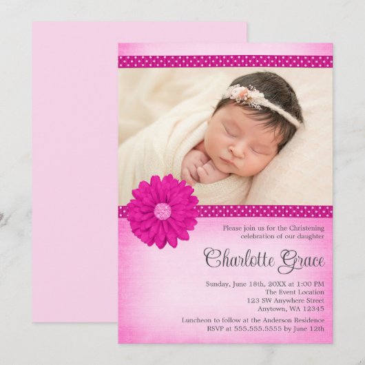 Roze Daisy Sparkle foto doop doopsel Kaart (Voorkant / Achterkant)