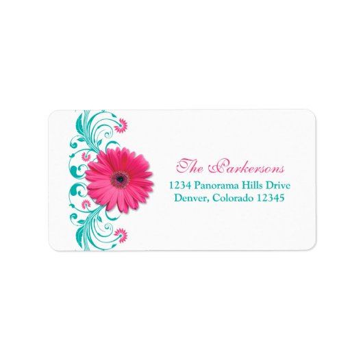 Roze Daisy Turquoise Bloemen Trouwadres Etiket (Voorkant)
