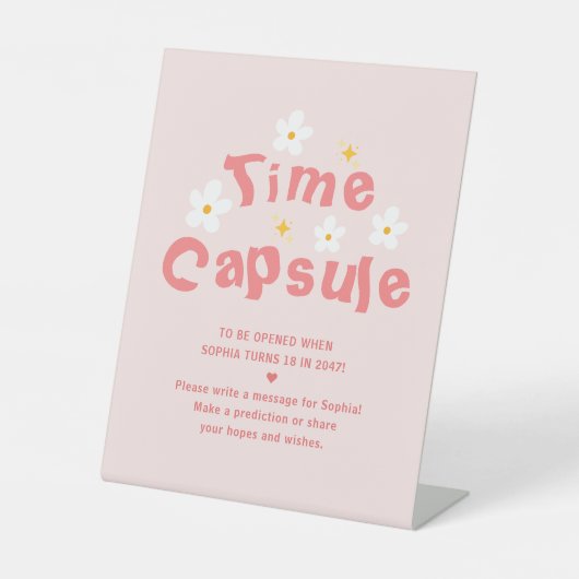Roze Daisy Verjaardag Party Time Capsule Reclamebord Met Voetstuk (Voorkant)