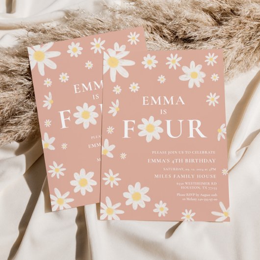 Roze Daisy Vierde 4e verjaardag uitnodiging Vier