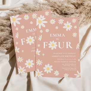 Roze Daisy Vierde 4e verjaardag uitnodiging Vier