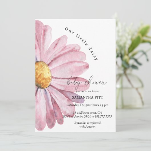 Roze daisy waterverf Baby in bloei Uitnodiging (Staand voorkant)