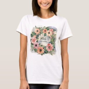 Roze Daisy Waterverf Mr. + Mevrouw Net Getrouwd T-shirt