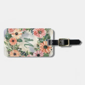 Roze Daisy Waterverf Smokey Blue Monogrammed Bagagelabel (Voorkant horizontaal)