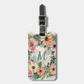 Roze Daisy Waterverf Smokey Blue Monogrammed Bagagelabel (Voorkant verticaal)