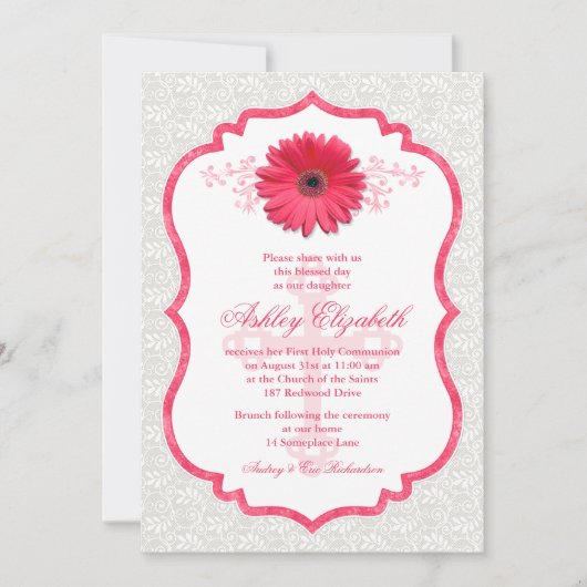 Roze Daisy White Lace First Community Invitation Kaart (Voorkant)