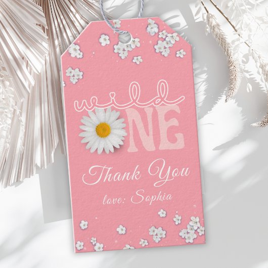 Roze Daisy Wild One 1e Verjaardag Cadeaulabel