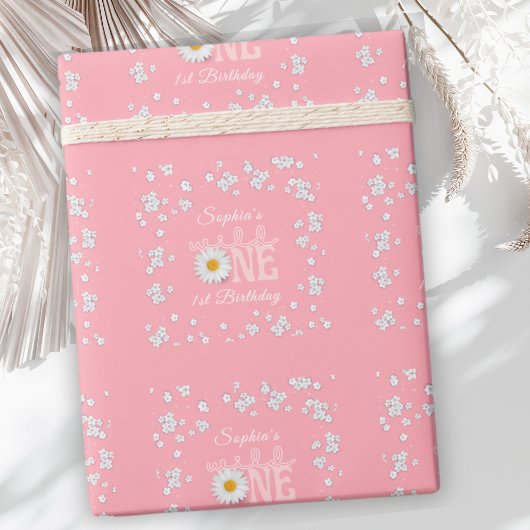 Roze Daisy Wild One 1e verjaardag Cadeaupapier