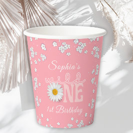 Roze Daisy Wild One 1e Verjaardag Papieren Bekers