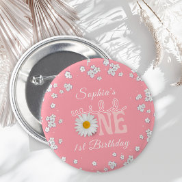 Roze Daisy Wild One 1e Verjaardag Ronde Button 5,7 Cm