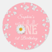 Roze Daisy Wild One 1e Verjaardag Ronde Sticker (Voorkant)