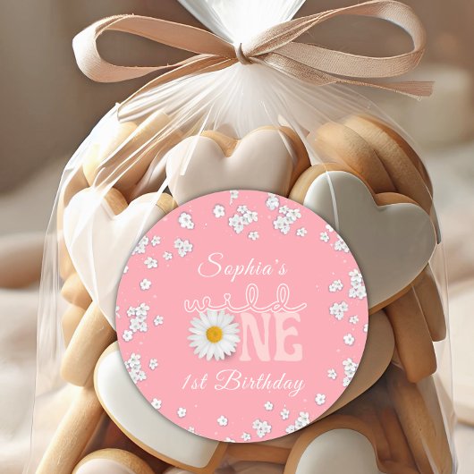 Roze Daisy Wild One 1e Verjaardag Ronde Sticker