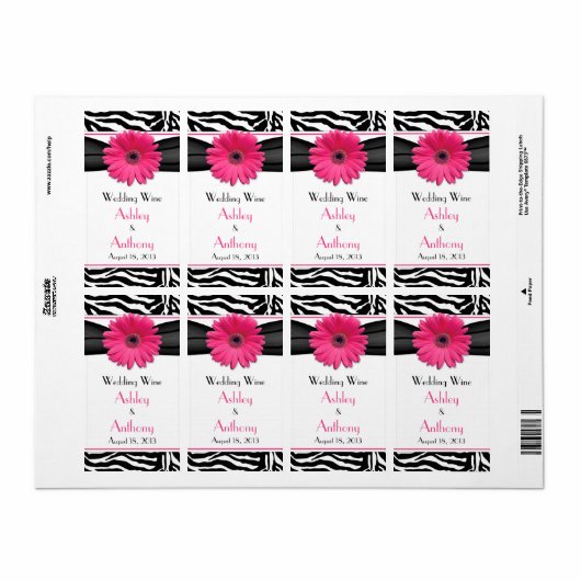 Roze Daisy Zebra Print Bruiloft Wijnfles Etiketten (Full Sheet)