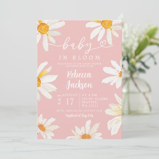 Roze Daisy Zonnebloem Baby in Bloom Baby shower Kaart (Staand voorkant)
