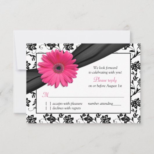 Roze Daisy Zwart Wit Bloemen Damast Bruiloft RSVP (Voorkant)
